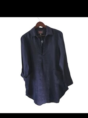 Forcynthia Linen Navy Blue Beach Wear Tunic Top Pockets Womens Size S NEW